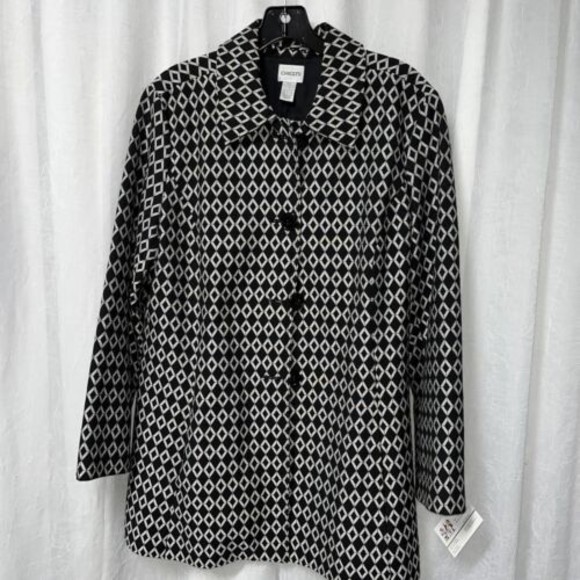 Chico's Women's Jacket Black w/ White Diamond Print Size 2 / 12 - Picture 1 of 7
